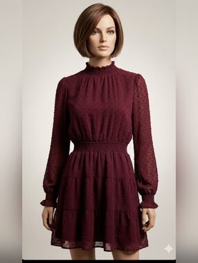 Sweet Wanderer Burgundy Long Sleeve Smocked Waist Dress